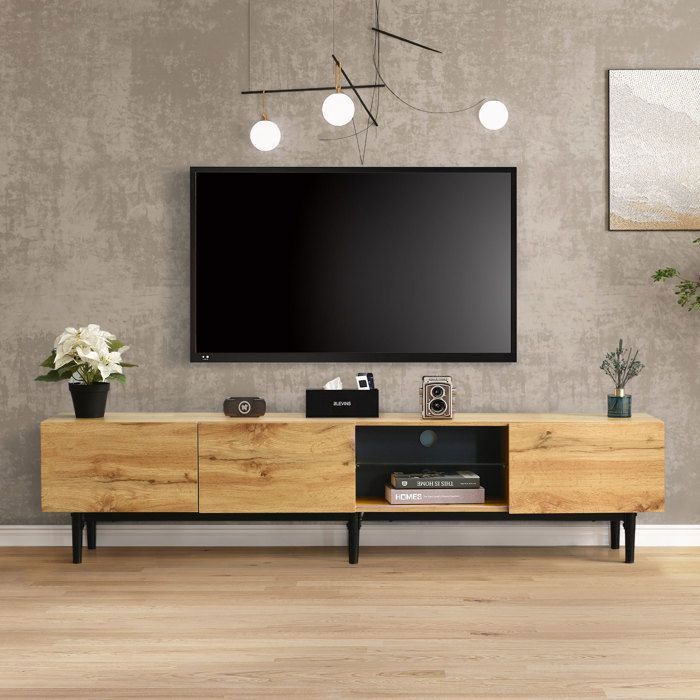 Meuble TV/Banc TV/Table TV- Eclairage LED - Etagère en Verre -175 x 31 x 41 cm - Noir Mat et Bois Naturel