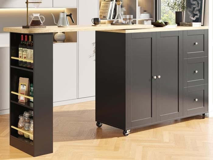 Meuble bar rotatif - MDF - 3 tiroirs et 2 portes - Mange-Debout - Noir
