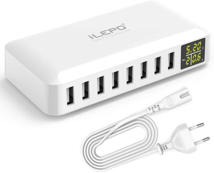 Chargeur USB 5V8A 8 Ports avec Affichage à LCD Station de Recharge Intelligente Prise Multiple USB Compatible