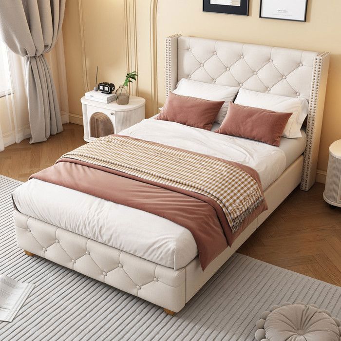 Lit capitonné 90x200cm avec tête de lit lit 1 Place avec Sommier à lattes lit simple，Lit pour enfants，pieds en bois lin beige