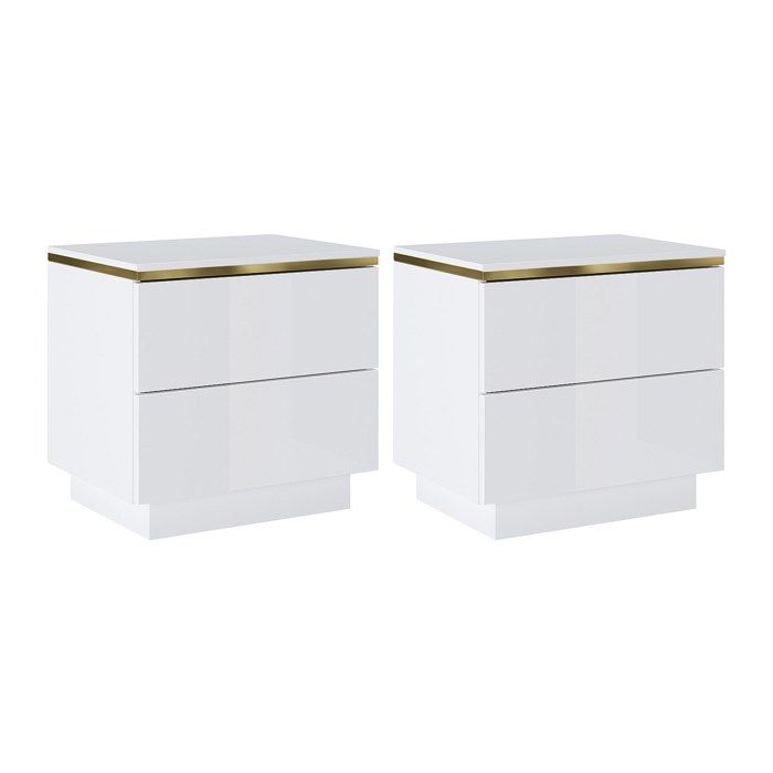 Lot de 2 tables de chevet avec 2 tiroirs - Blanc brillant et doré - VUKIA
