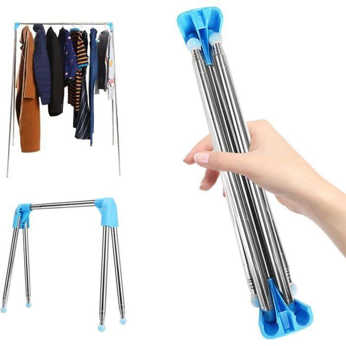 Porte-vêtements pliant - PZCC - Portable rétractable - Acier inoxydable - Hauteur 1346 cm - Sans installation