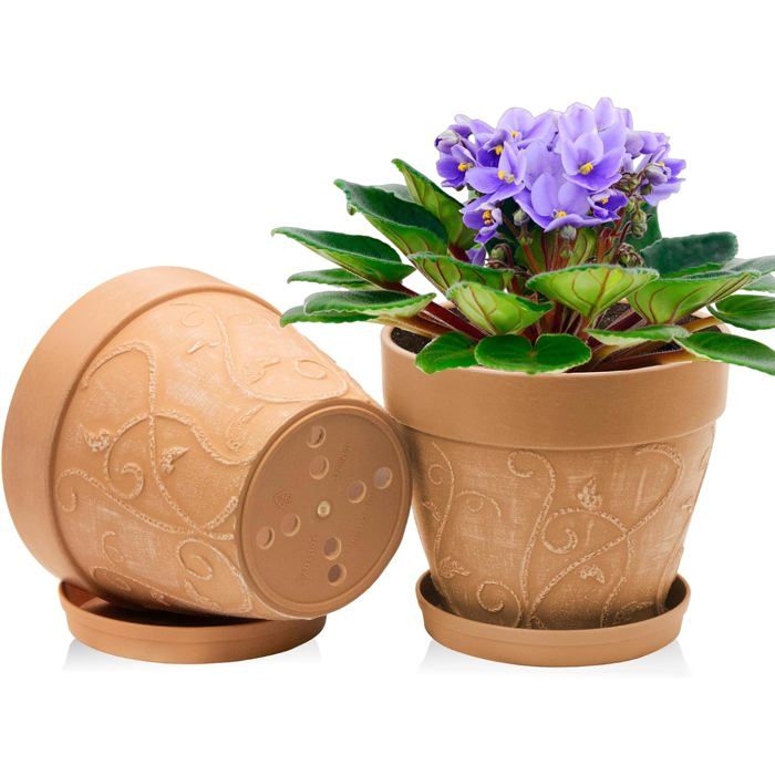 Lot De 2 Pots De Fleurs 25 Cm Avec Soucoupes – Aspect Terre Cuite Brun Clair – Drainage & Style Rustique Pour Intérieur & Extérieur