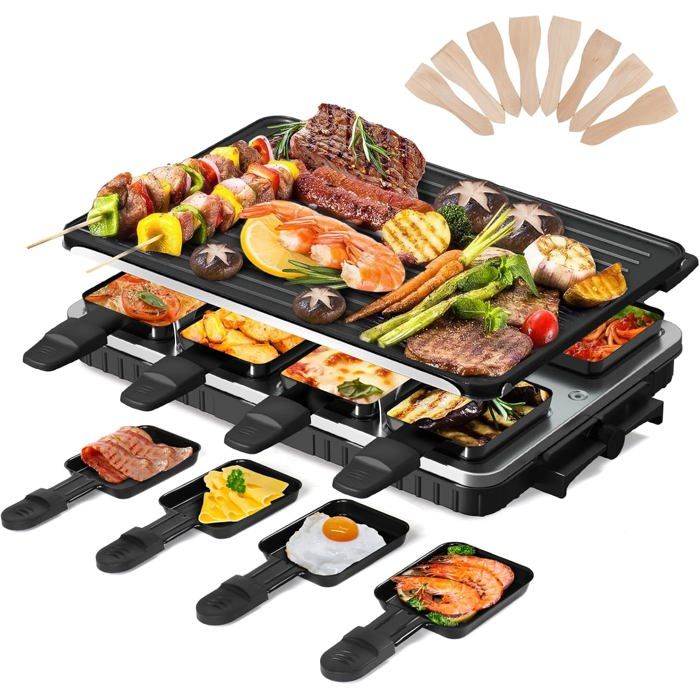 2-En-1 Appareil A Raclette 8 Personnes Machine A Raclette Anti-Adhésif ...