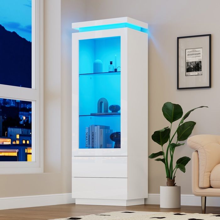 Vitrine blanche brillante avec éclairage LED - 2 tiroirs portes vitrées et porte rabattante - Meuble de salon design Vitrine blanche brillante avec éclairage LED - 2 tiroirs portes vitrées et porte rabattante - Meuble de salon design