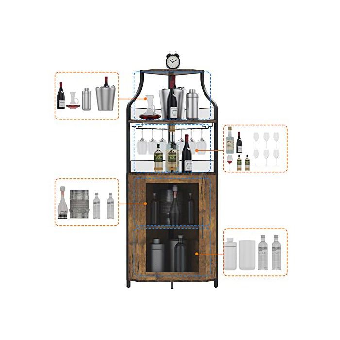 Nuovoware Armoire à Liqueurs 3 Niveaux Rétro - Meuble Bar Avec Casier à Vin Et Porte-Verres, Noir + Marron