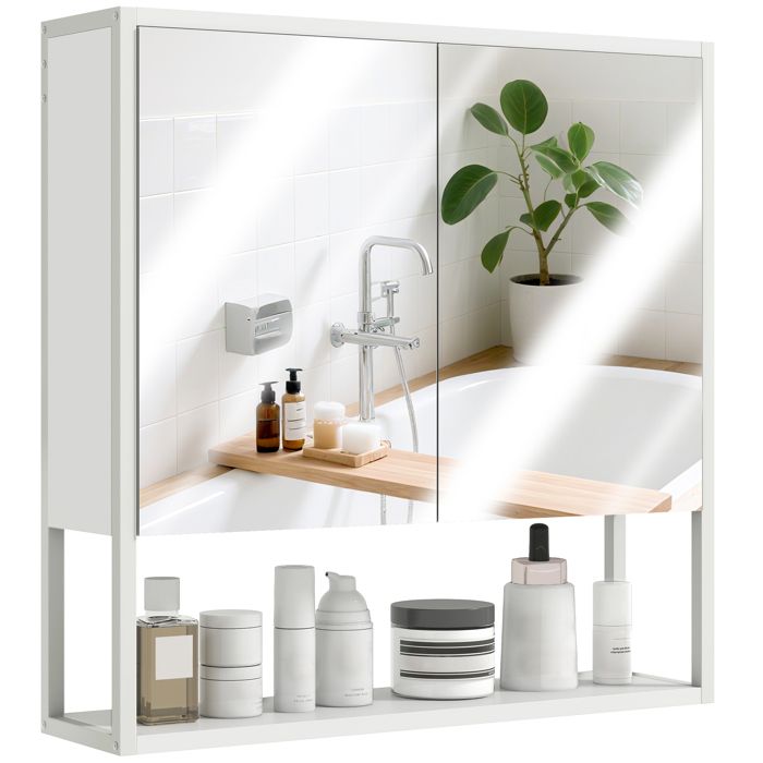 Armoire murale salle de bain avec miroir - HOMCOM - 2 portes miroir - étagère réglable et étagère ouverte - 60 x 16 x 60 cm - blanc