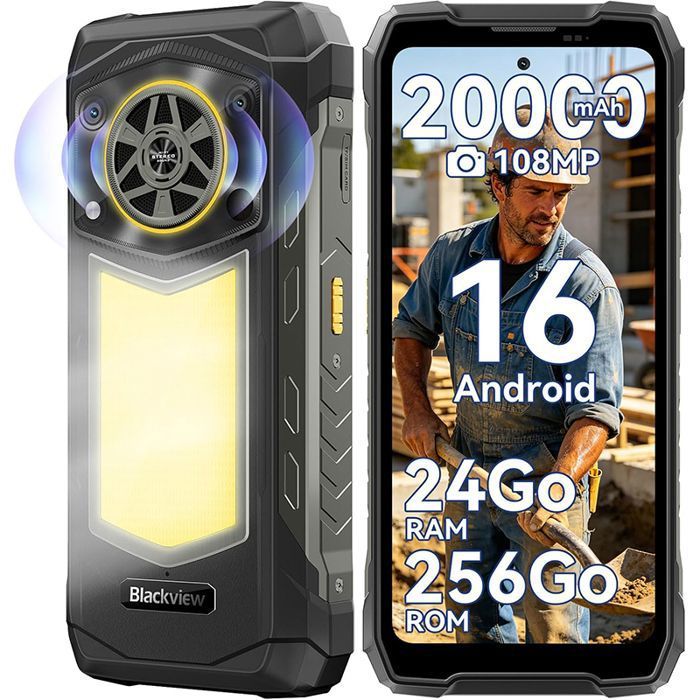 Blackview Rock 5 Téléphone Portable Incassable 24Go+256Go 20000mAh Caméra 108MP Lampe de Camping Android 16 IP69K 2.4K 120Hz-Noir