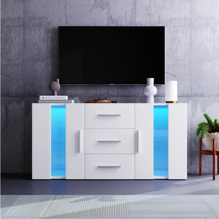 Meuble TV Buffet 140 x 35 x 70 cm. LED de 16 couleurs. MDF.2 tiroirs et 2 étagères. Blanc