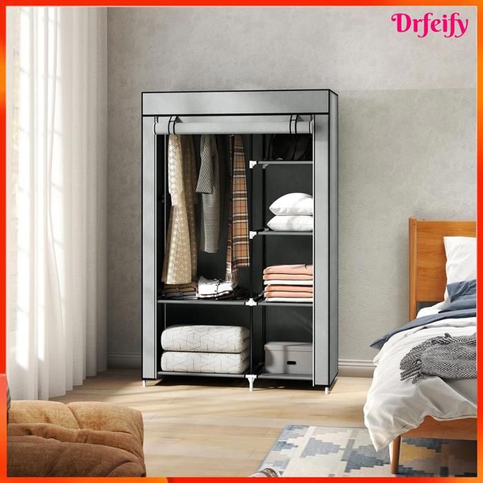 Armoire penderie - AKOZON - 11236 - 6 étagères - 1 barre de penderie - Rideau enroulable gris