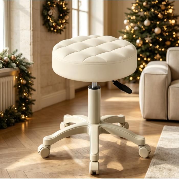 Tabouret de bureau pivotant 360° hauteur réglable 35-52 cm avec roulettes siège rembourrage 10 cm - Blanc