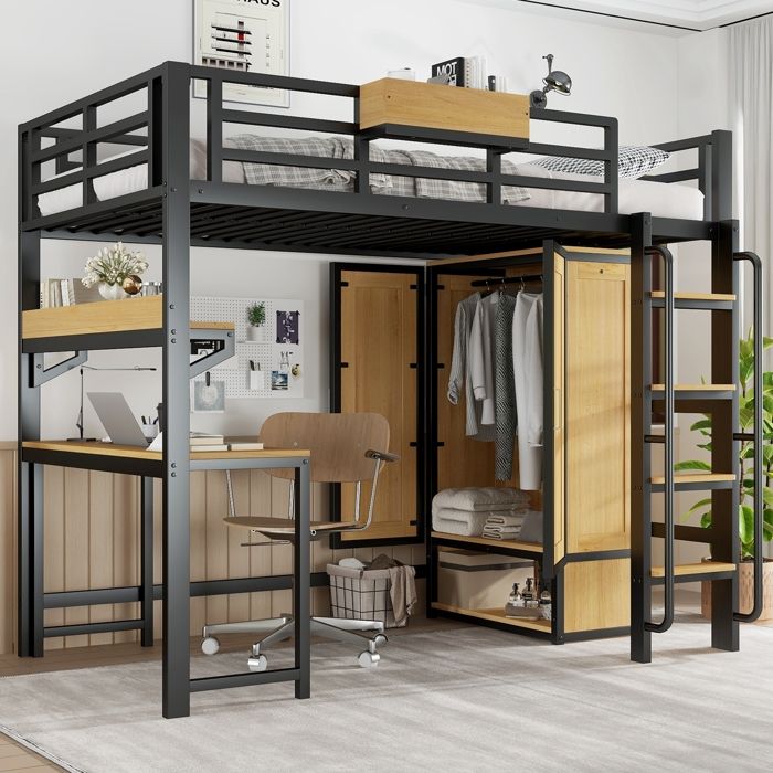 Lit Mezzanine 90x200 cm en Métal avec Armoire à Double Porte Bureau et étagère de Rangement échelle Sécurisée Fer+MDF Noir