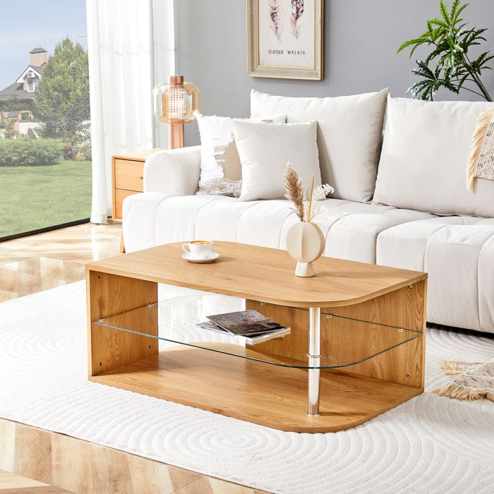 Table Basse Scandinave 100x60x42 cm-Bois Naturel+Étagère Verre Trempé ...