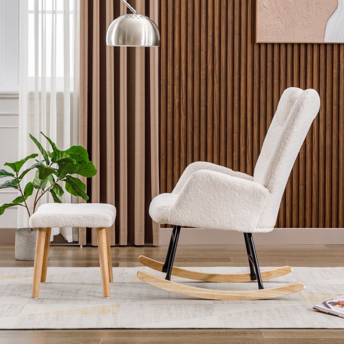 Rocking Chair en Tissu Bouclette avec Rembourrage Confortable - Fauteuil à Bascule Moderne avec Appui-Tête et Repose-Pieds - Blanc