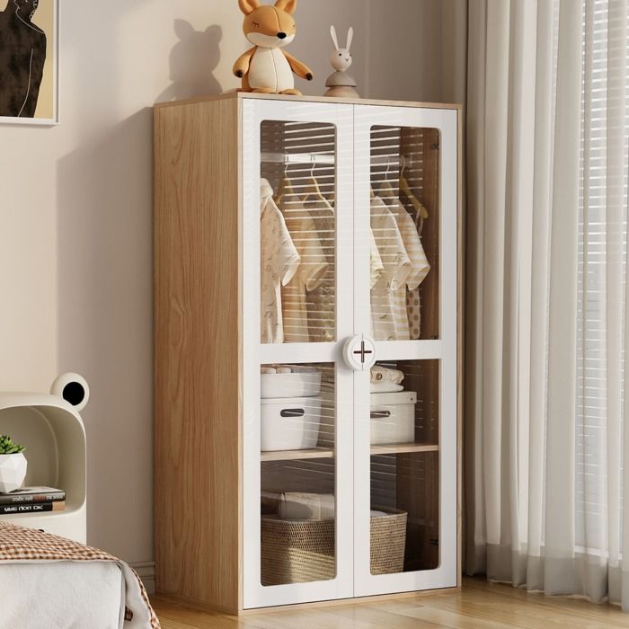 MEUVYX Armoire Enfant 2 Portes Étagères Réglables 10 Niveaux Tringle Métallique Portes Acryliques 80 × 50 × 150 cm