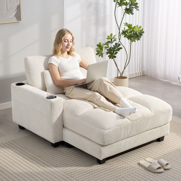 Canapé convertible - Réversible - Velours côtelé beige - Matelas 25 cm - Porte-gobelets intégré