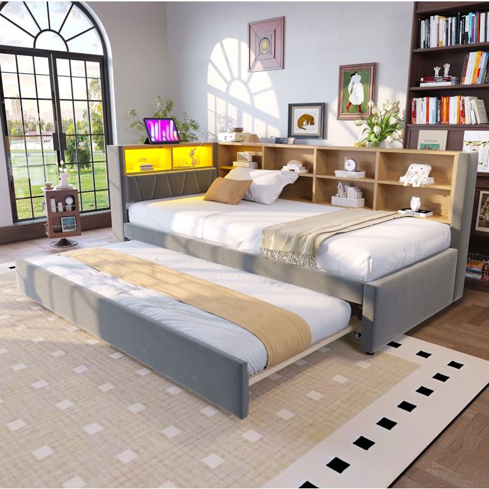 WOVREO Canapé-lit gigogne 90x200 cm avec lit 90x190 cm LED USB Type-C prise rangements flanelle gris foncé