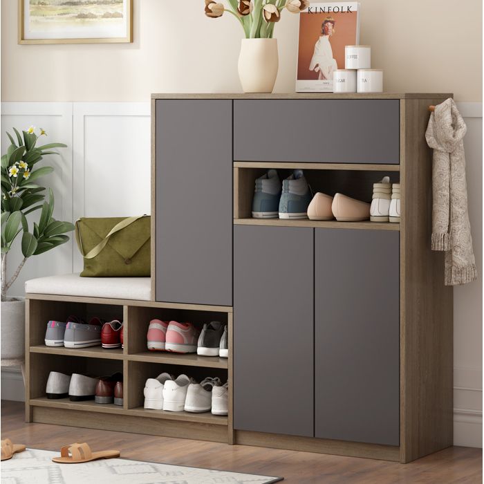 WOVREO Meuble à chaussures avec banc rembourré 140 x 35 x 110 cm étagères réglables gris