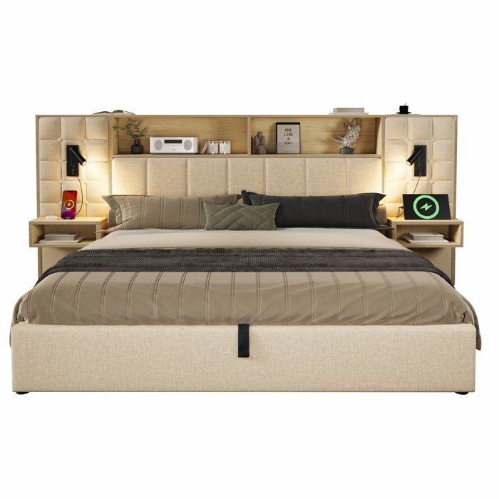 Lit rembourré 180 x 200 avec rangement éclairage LED et 2 lampes de lecture 2 tables de chevet intégrées port de recharge USB Type-C