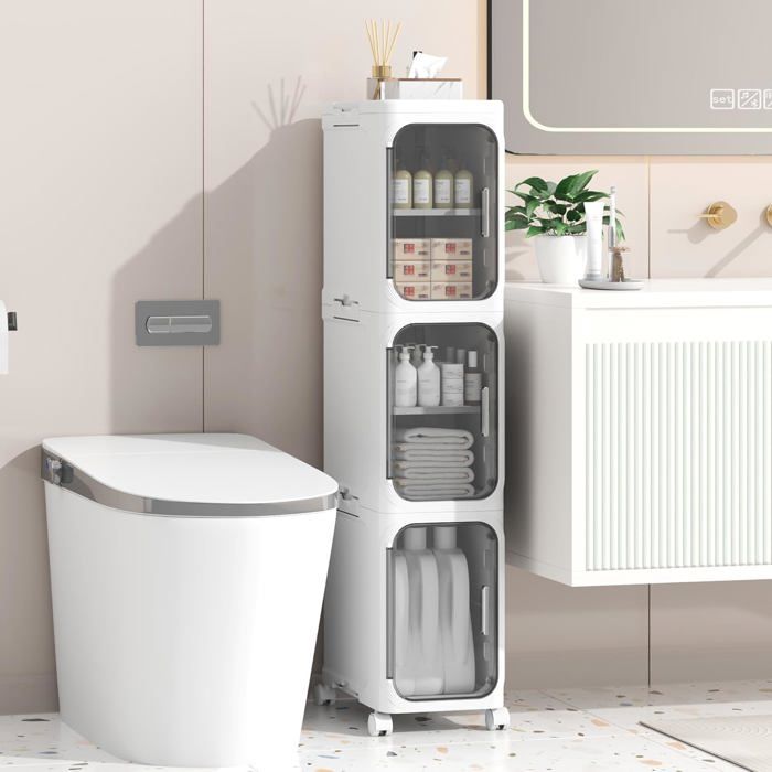 Armoire De Salle De Bain MinceUnité De Rangement Autonome En Plastique Avec PortePetit Chariot Étanche Avec Roulettes Pour[CA19]