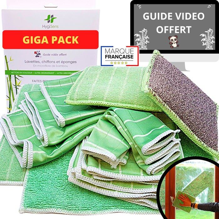 Kit 10 Chiffon Bambou Microfibre XXL pour Vitre Lingette Lavette et Torchons Magique Revolutionnaire sans Traces Eponge Essuie