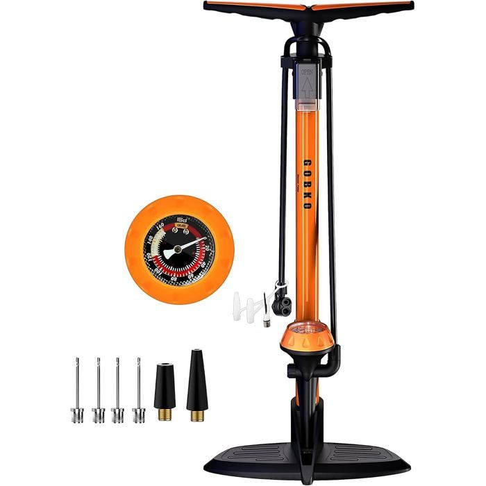 Pompe à Pied pour vélo Pompe à air au Sol Pompe à vélo avec Grand manomètre pour Affichage de la Pression Double tête adaptée Orange