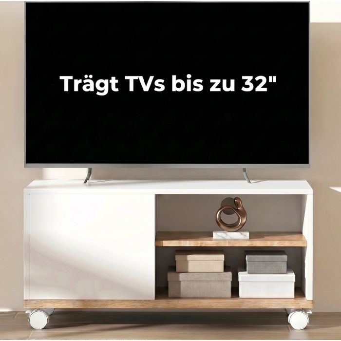Meuble TV Sur Roulettes Blanc Et Chene Clair Banc TV Moderne FloraGrace Pour Salon Ou Chambre Avec Freins 80x45x41cm
