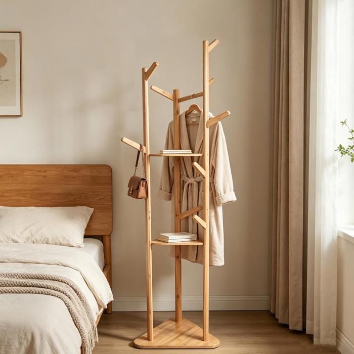 MIPAN.Porte-Manteau Sur Pied En Bambou Naturel-Forme Arbre Avec Crochets Et 2 Étagères Base Triangulaire-38×38×160cm