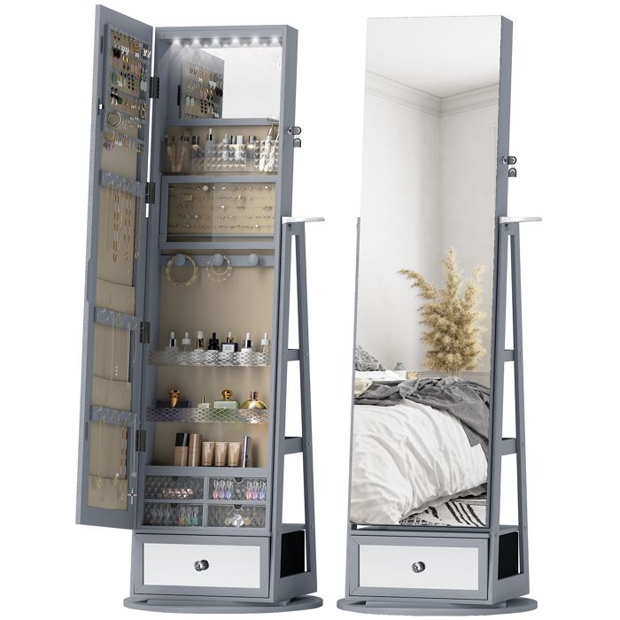 Armoire à bijoux pivotante 360 degrés avec miroir LED et tiroir gris