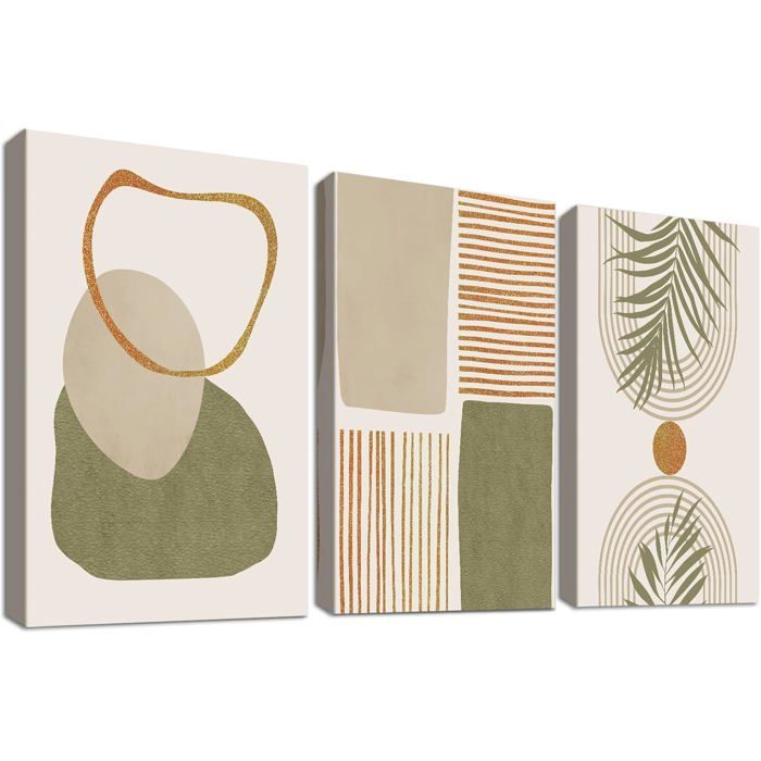 Triptyque 3 tableaux bois impression toile vert sauge lignes géométriques minimalistes art mural moderne boho salon 30x40 cm x3