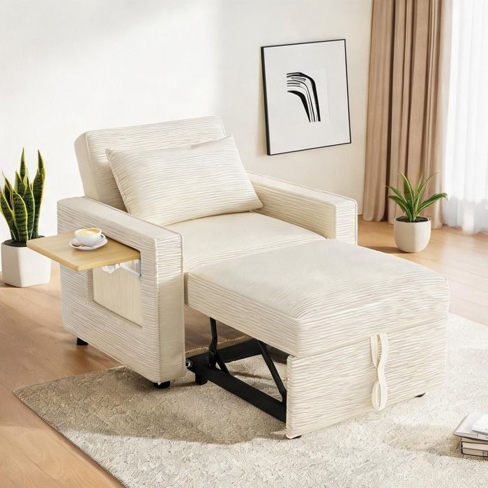 Canapé-lit 1 place en velours côtelé beige dossier inclinable 3 positions ports USB et Type-C intégrés