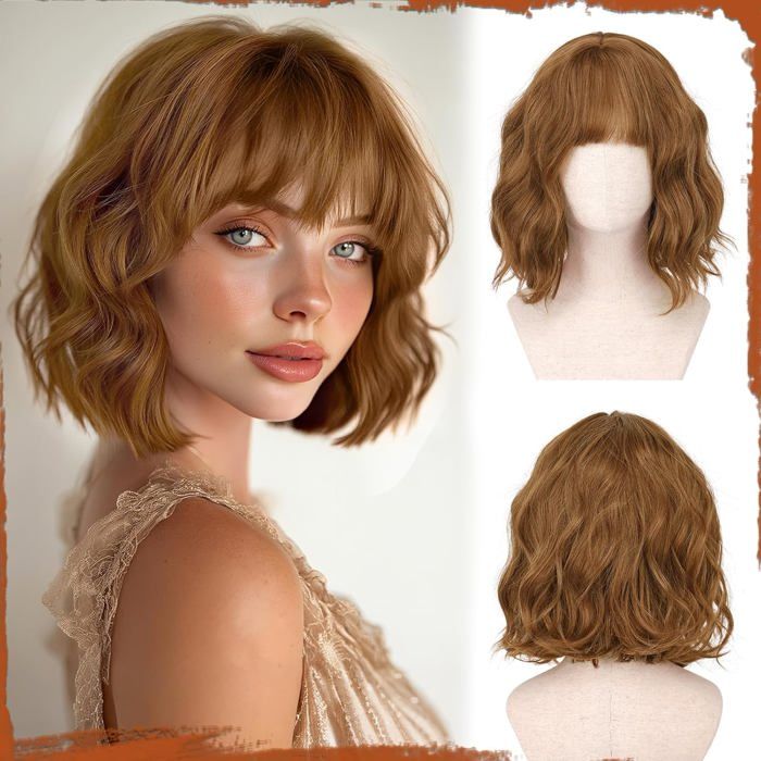 Perruque Femme 30 Cm Perruque Femme Naturelle Courte Auburn Perruque Courte Ondulée Avec Frange Cheveux Synthétiques Pour Usage Qu