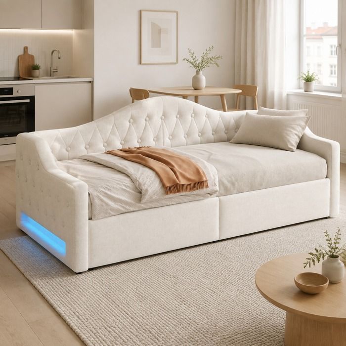 Lit banquette simple 90×200 - ZEVKOR - 90×200 cm - LED réglable - Rangement sous-lit - Bois & lin beige