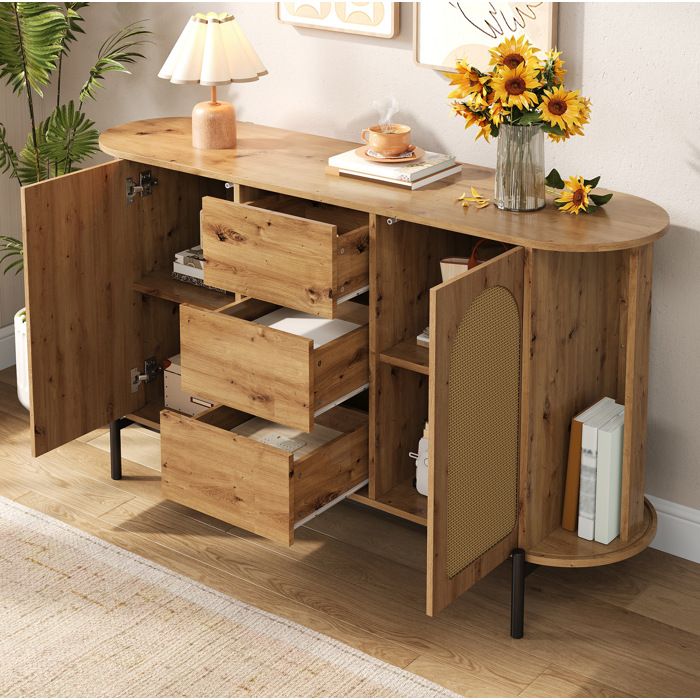 Buffet bahut ovale 140 cm avec portes coulissantes 3 tiroirs et étagères réglables aspect bois rotin MDF JOINERY