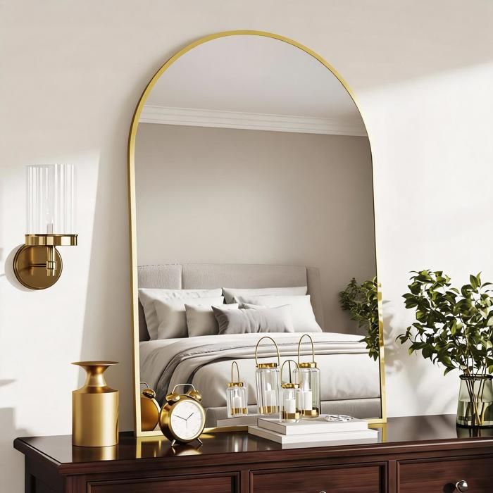 Koioplie Miroir mural arqué moderne 20*30 cadre métal antirouille verre trempé sécurisé installation verticale ou à poser - Or