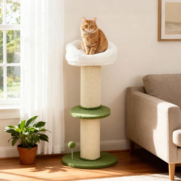 Arbre à chat - Fleur 3 niveaux - Poteau sisal - Lit peluche teddy - Base stable avec sangle anti-basculement
