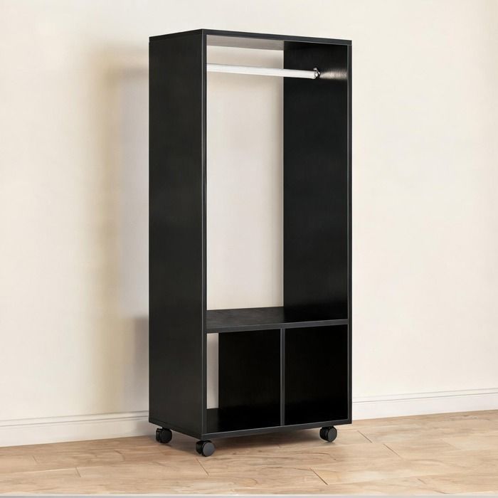 Armoire penderie mobile noire 128 cm 2 niches et étagère pour chambre ou dressing panneaux de particules