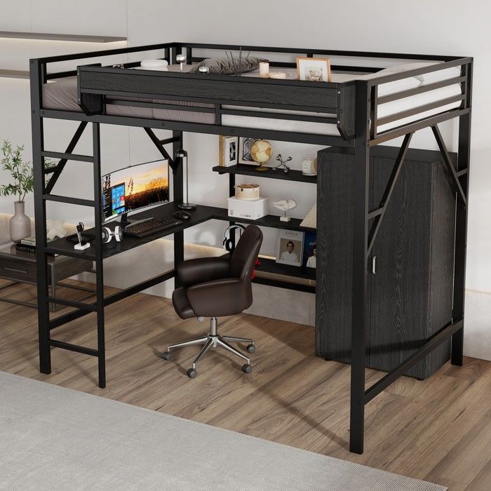 Lit mezzanine double structure métal et MDF noir avec rangement et penderie intégrée 140x200cm pour adulte design moderne