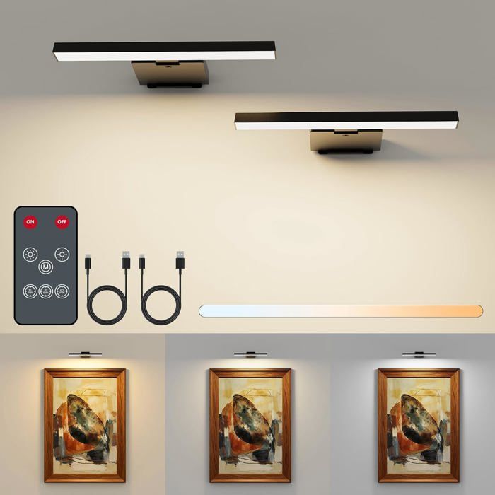 Lot de 2 Appliques Murales LED pour Tableau - Sans Fil Rechargeable 6000 mAh Télécommande 3 Températures et 5 Modes dÉclairage