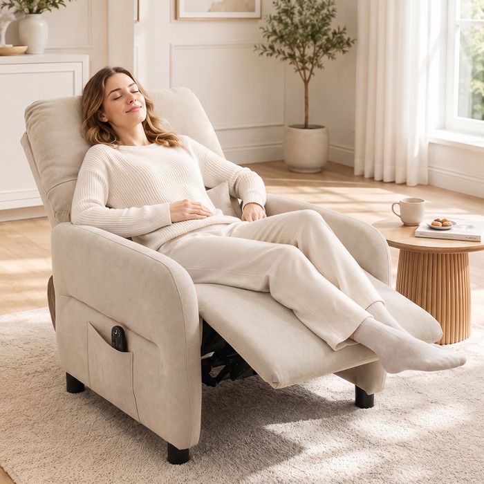 Fauteuil massant avec repose-pieds dossier inclinable chauffant tissu et acier beige 77 x 87 x 100 cm