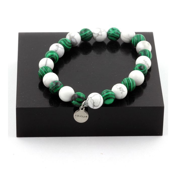 Pierres et Minéraux. Bracelet Perles Howlite + Malachite 8 mm. Fabriqué en France.