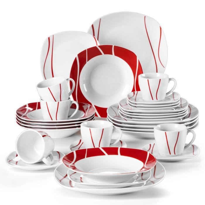 Service de Table Complet en Porcelaine MALACASA FELISA - Motif à rayures blanches et rouges