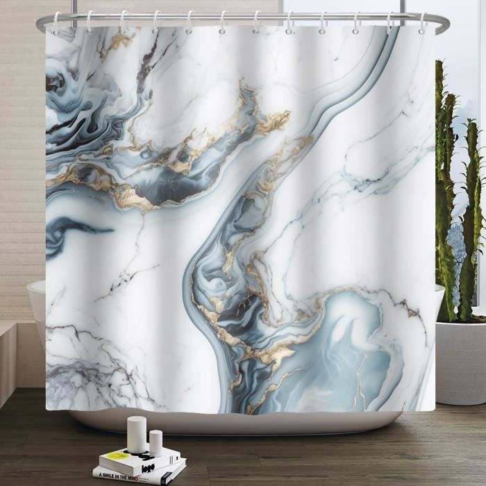 Rideau De Douche Marbre Bleu Et Or 180x180cm - Tissu Imperméable Lavable Machine - Design Moderne Abstrait
