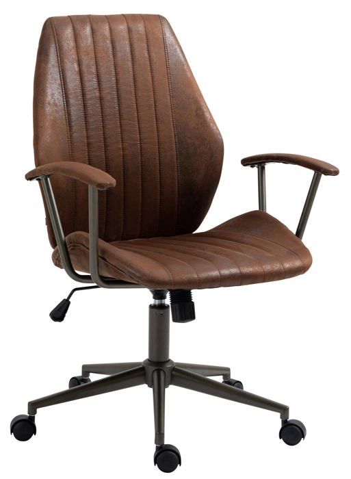 fauteuil de bureau industriel vintage sur roulettes avec accoudoirs en synthetique marron vieilli pivotant