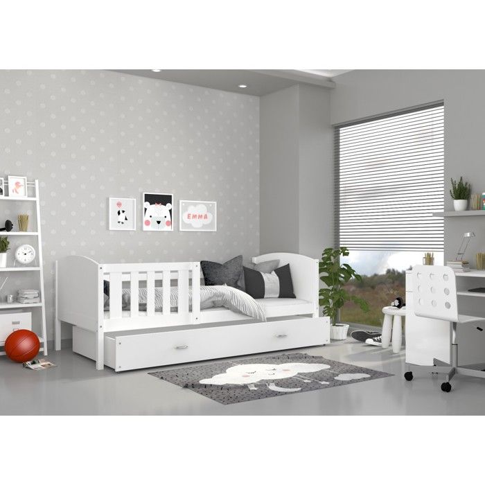 Lit enfant tomy 90x190 blanc - blanc livr&eacute; avec sommiers, tiroir et matelas en mousse de 7cm