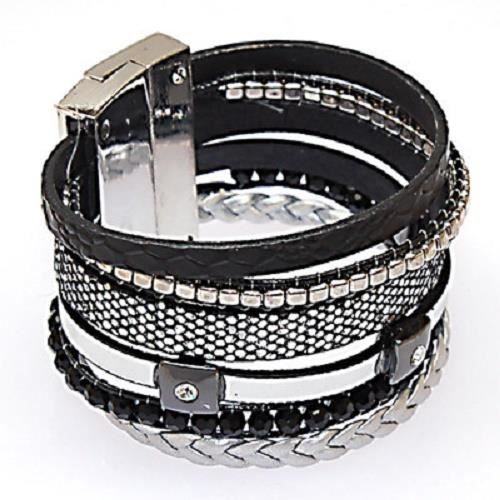 Bracelet Manchette Fantaisie Chic à Strass - Noir Et Argent - Magnétique - Neuf Avec Étiquettes