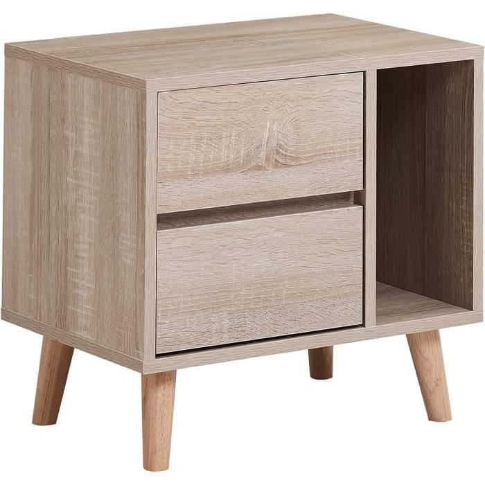 Commade Buffet Pino V1 - 2 Tiroirs + Compartiment Ouvert, Blanc Mat/chêne Naturel, LED RGB, 56x67,5x36cm - Fabrication Allemande