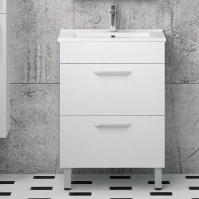 Meuble De Salle De Bain Vasque Meuble Sous Vasque Sur Pieds 2 Tiroirs 60cm Blanc Cdiscount Maison