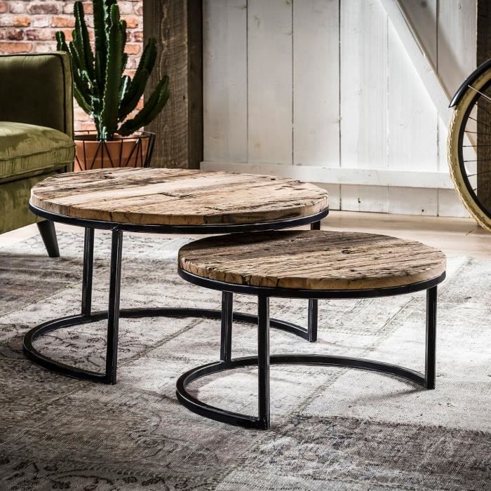 Lot De 2 Tables Rondes 75 Et 60 Cm En Bois Et Metal Achat Vente Table Basse Lot De 2 Tables Rondes 75 Et Cdiscount