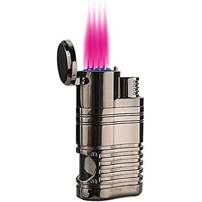 Briquet à Cigares 4 Jets Avec Coupe-cigares Intégré - En Métal, Rechargeable - Fenêtre De Niveau De Gaz - Sans Gaz Inclus